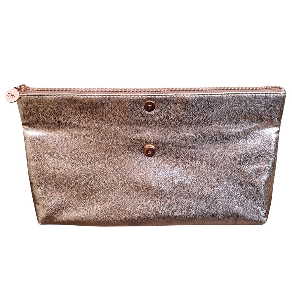 CHI Rose Gold Metallic Makeup Bag Zipper Clutch Travel Pouch Fold Over Rose Gold
